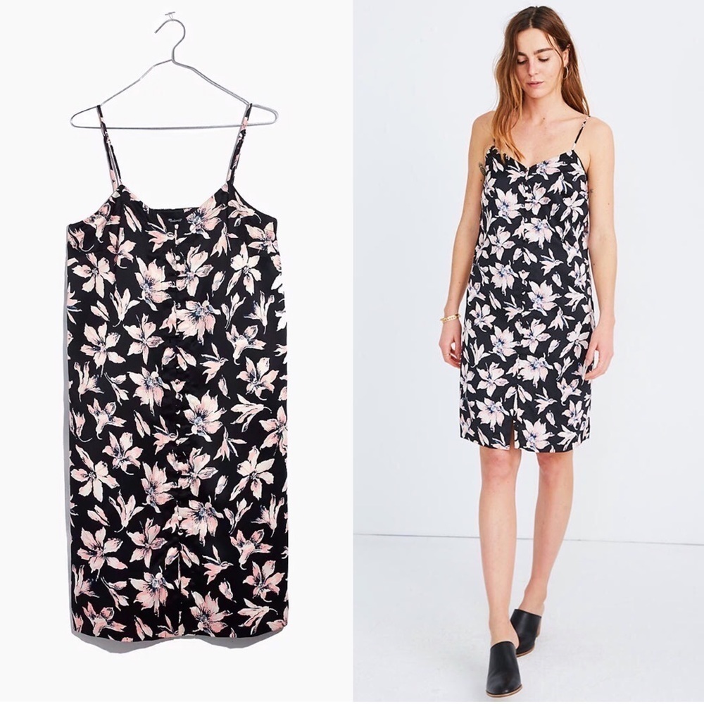 Madewell • Button-Front Slip Dress black pink floral Winter Orchid strappy shift